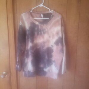 P & Rose Tie Dye Long Sleeve Pullover Top Size Small Brown Mauve Crew Neck